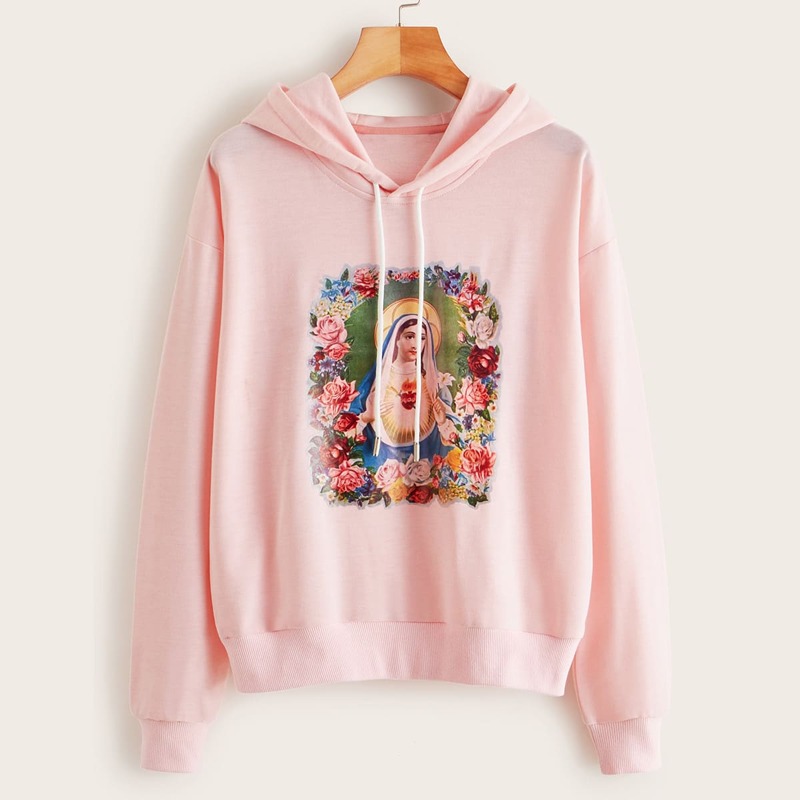 

Figure Graphic Drop Shoulder Drawstring Hoodie, Pink
