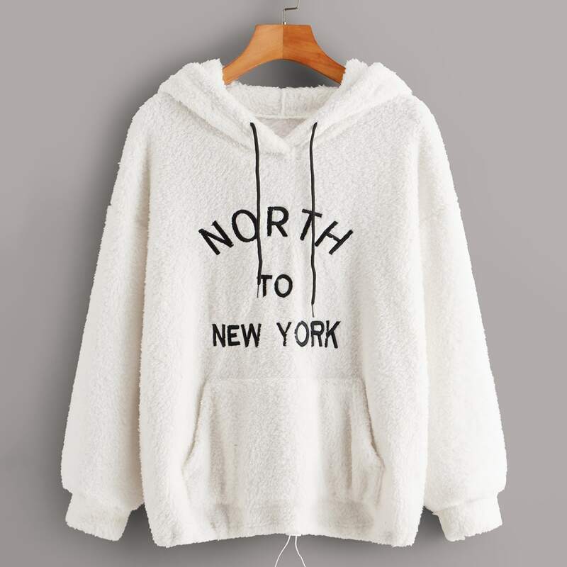 

Letter Embroidery Kangaroo Pocket Teddy Hoodie, Beige