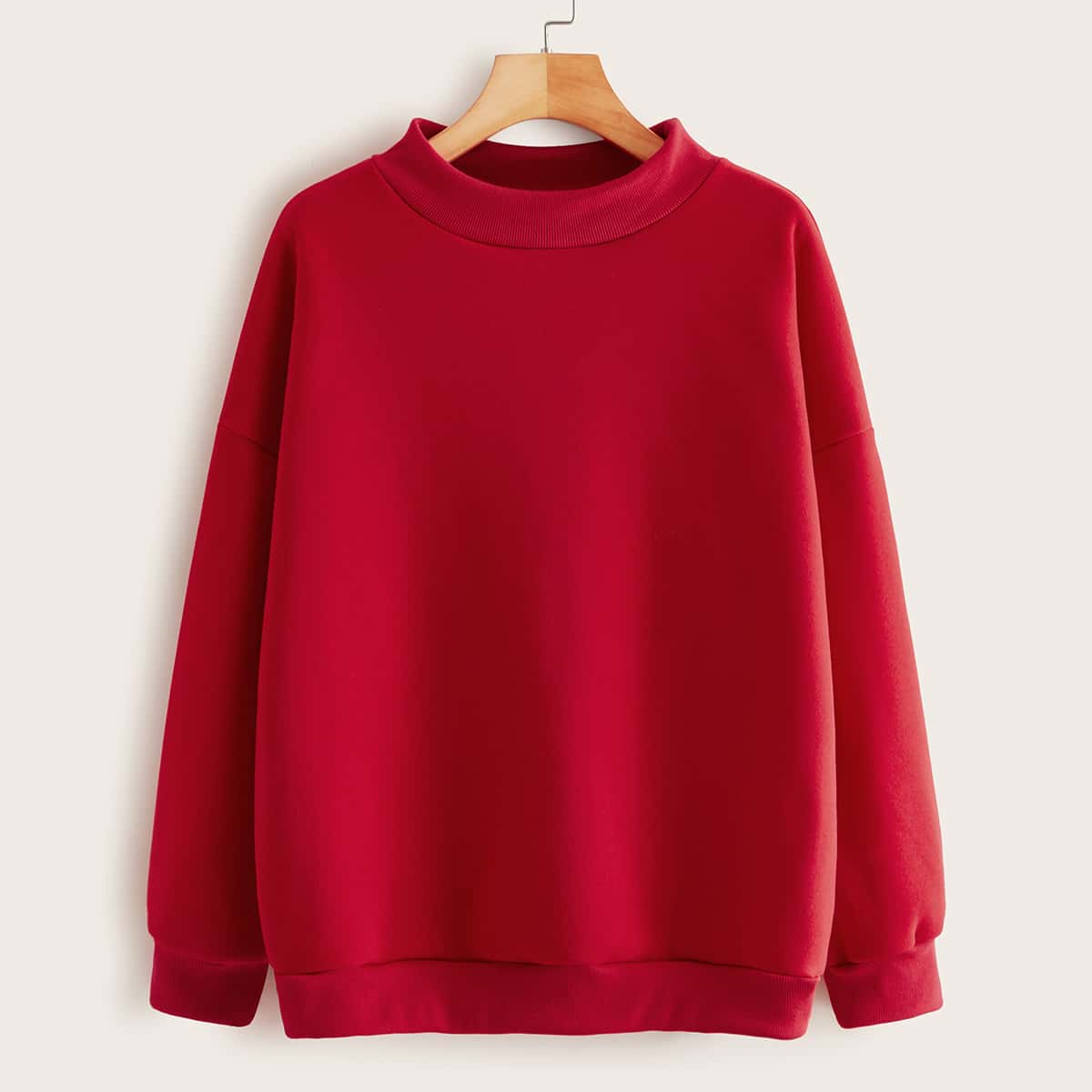 

Solid Mock Neck Drop Shoulder Sweatshirt, Red