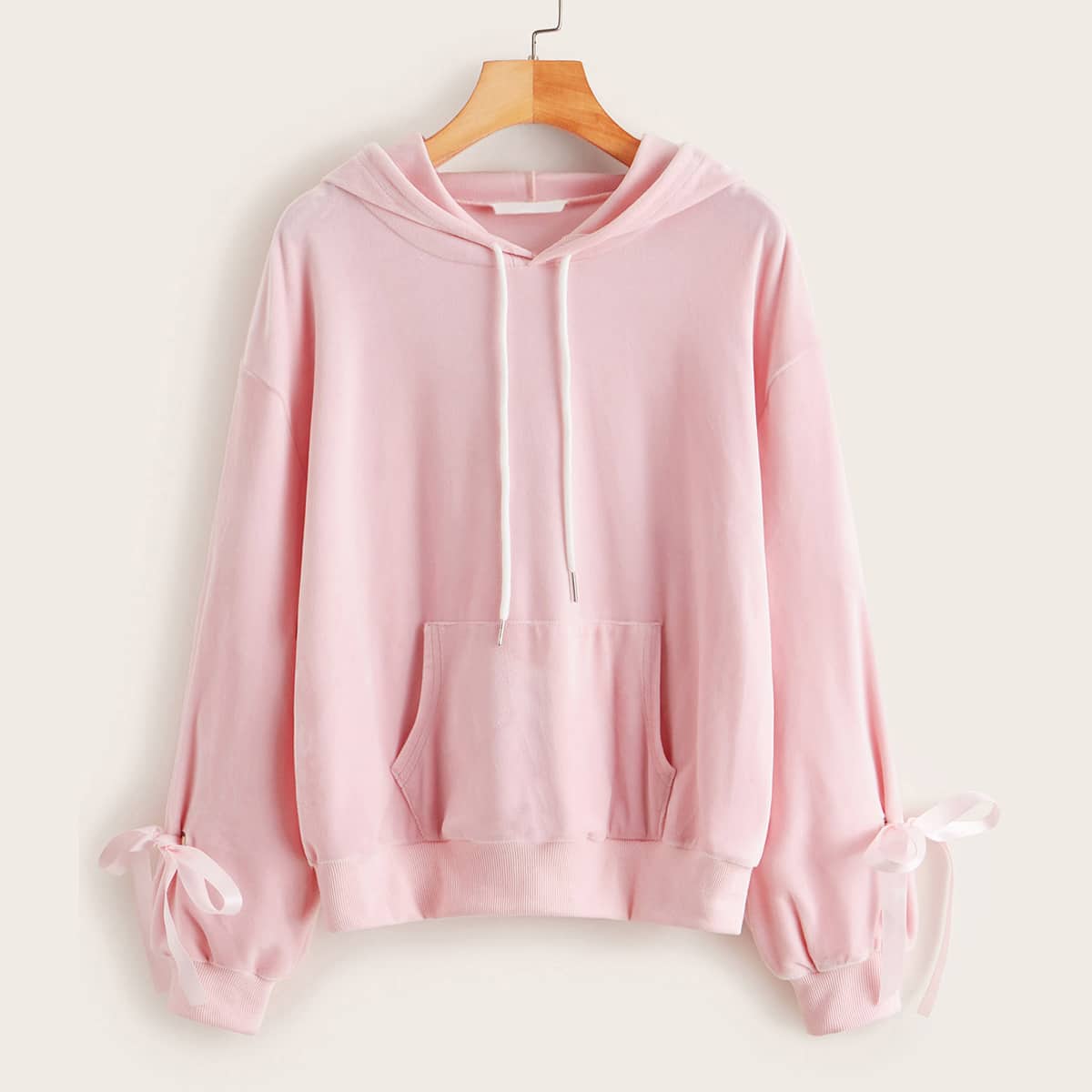 

Solid Tie Cuffed Kangaroo Pocket Velvet Hoodie, Pink