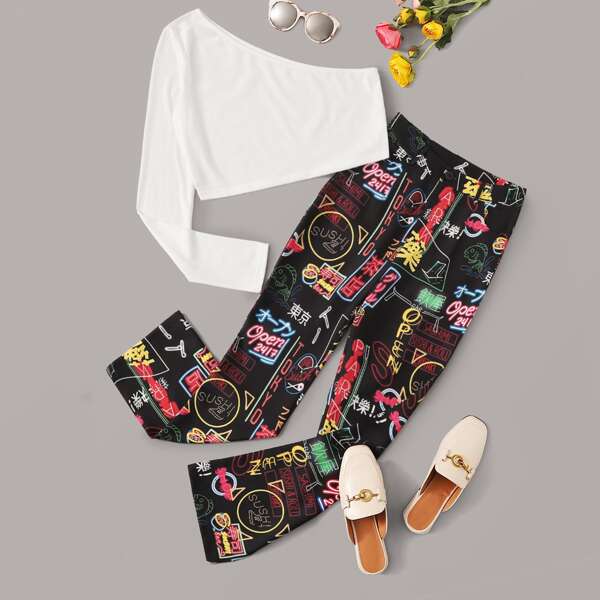 

One Shoulder Solid Tee & Allover Graphic Pants, Multicolor