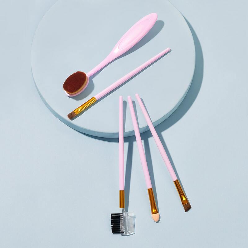 

5pcs Oval & Flat Shaped Makeup Brush Set, Pink