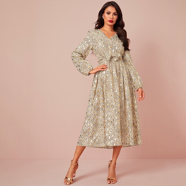 

Gold Print Dalmatian Print Belted Dress, Multicolor