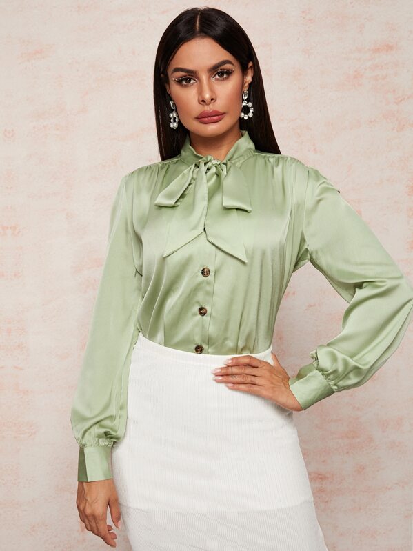 

Tie Neck Button Up Satin Blouse, Green, Andy