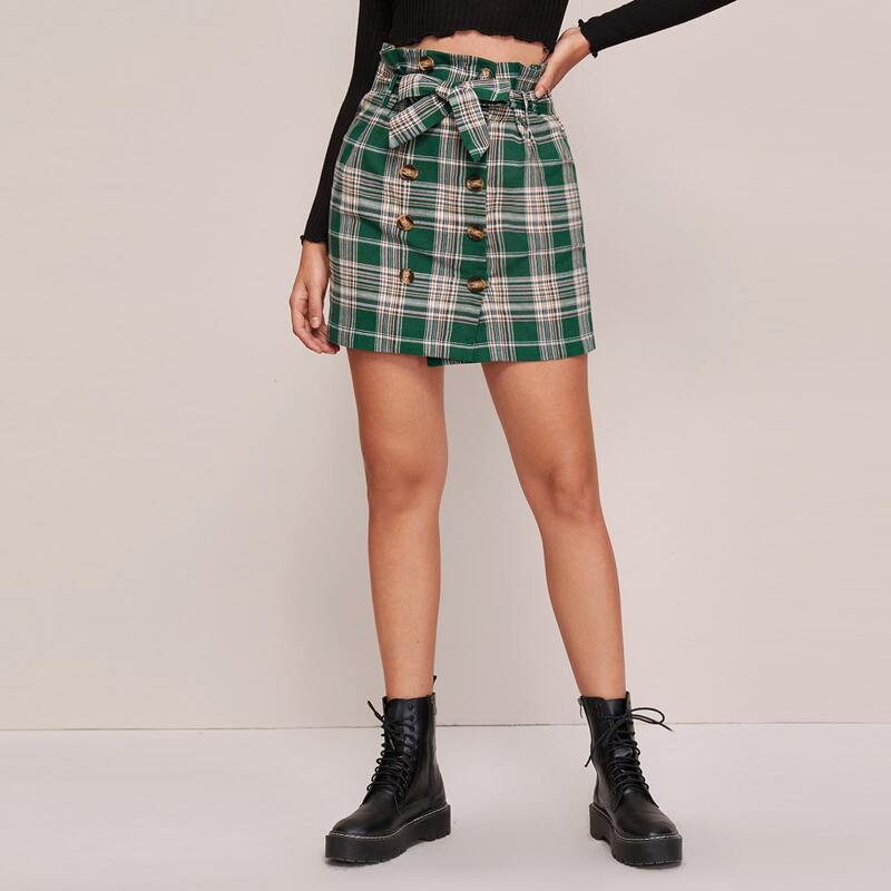 

Plaid Button Front Paperbag Waist Belted Skirt, Green