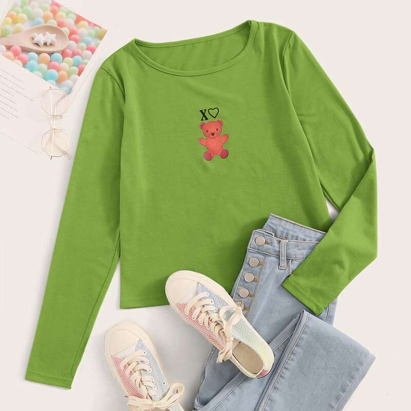 

Cartoon Graphic Long Sleeve Tee, Green