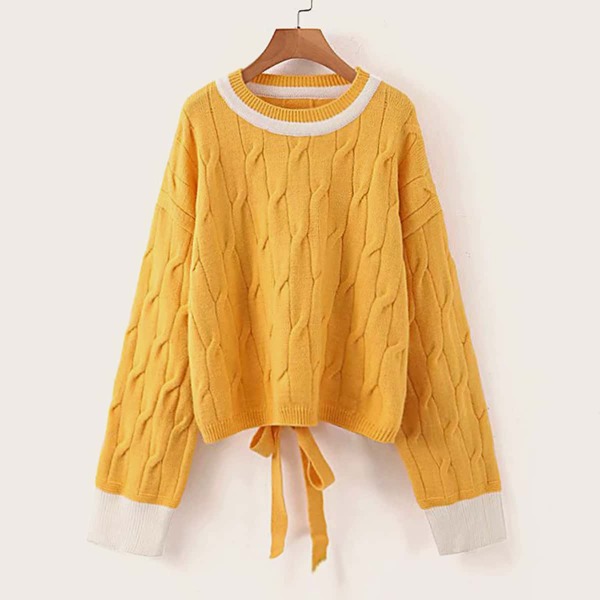 

Knot Back Cable Knit Drop Shoulder Sweater, Yellow