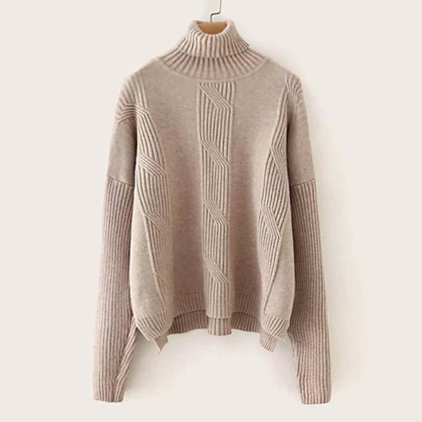 

Turtle Neck Dip Hem Drop Shoulder Sweater, Khaki