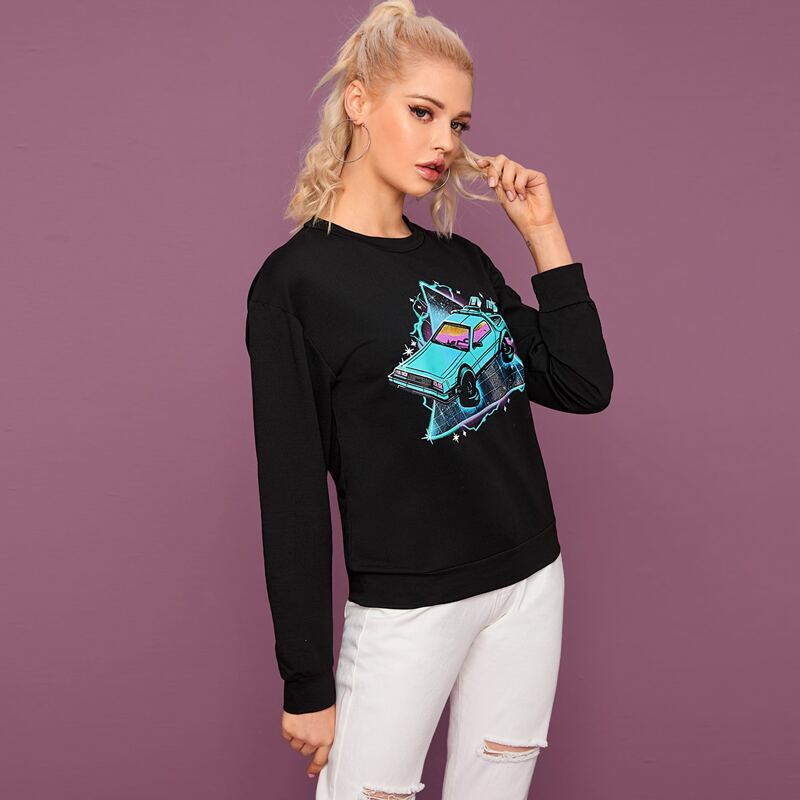 

Car Print Crew Neck Sweatshirt, Black