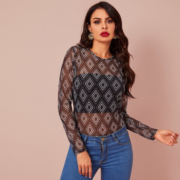 

Geo Print Sheer Fitted Mesh Top, Black