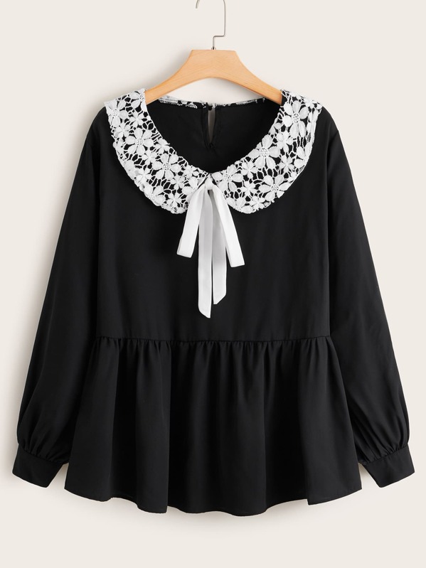 

Plus Contrast Lace Tie Front Babydoll Blouse, Black