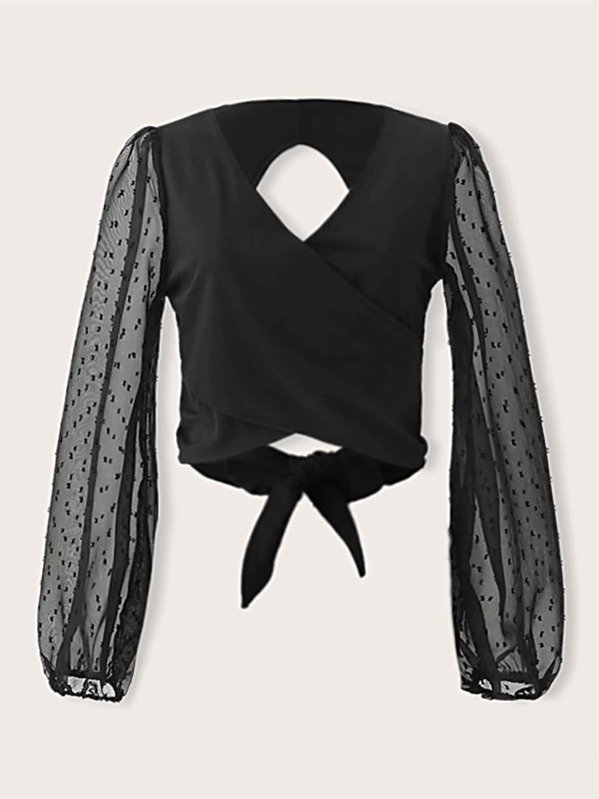 

Swiss Dot Mesh Sleeve Knot Back Top, Black