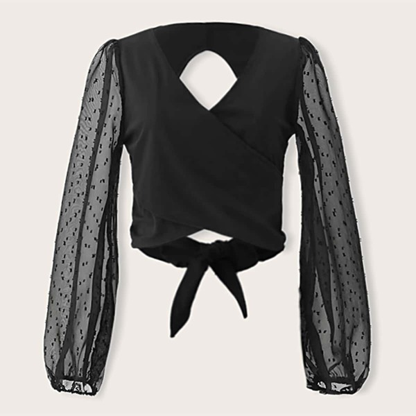 

Swiss Dot Mesh Sleeve Knot Back Top, Black