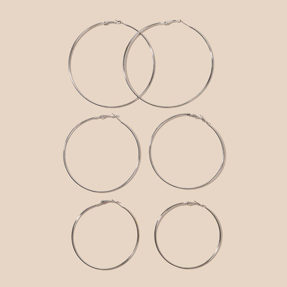 

3pairs Mixed Size Hoop Earrings, Silver