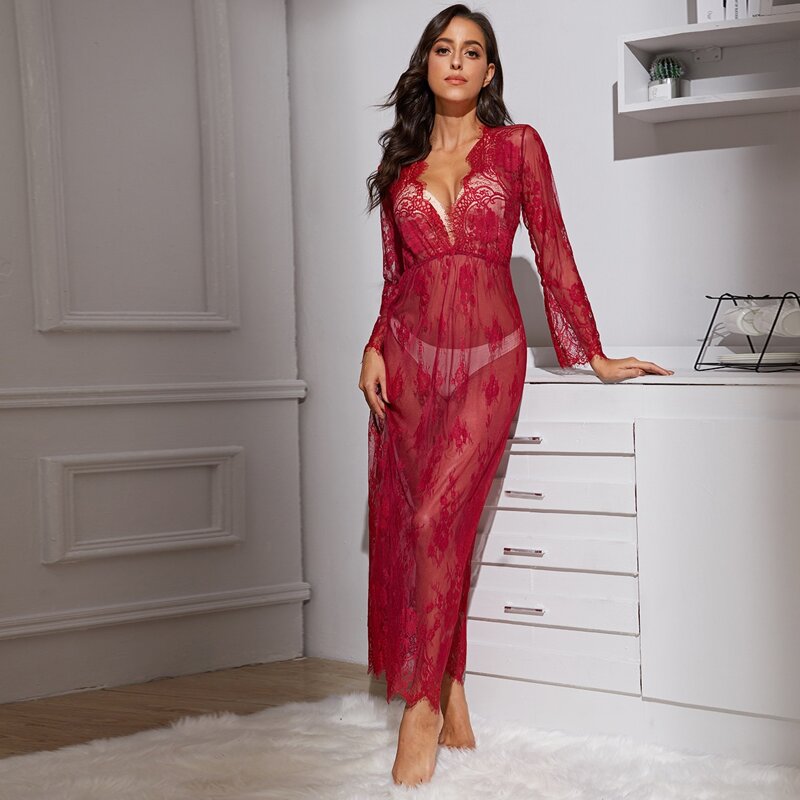 

Floral Lace Long Sleeve Dress, Burgundy