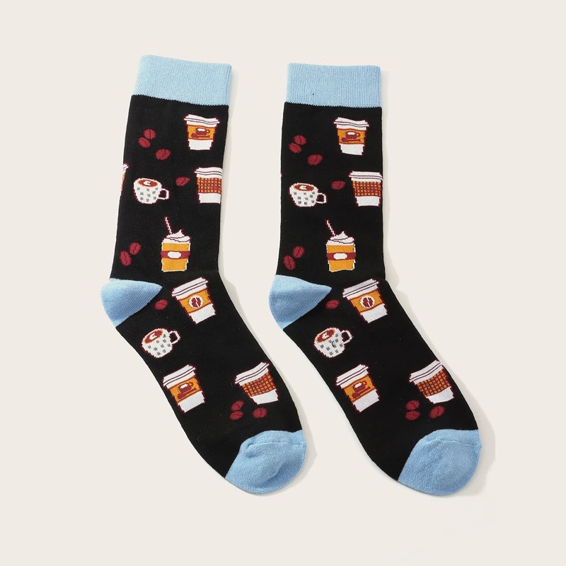 

1pair Guys Coffee Pattern Socks, Multicolor