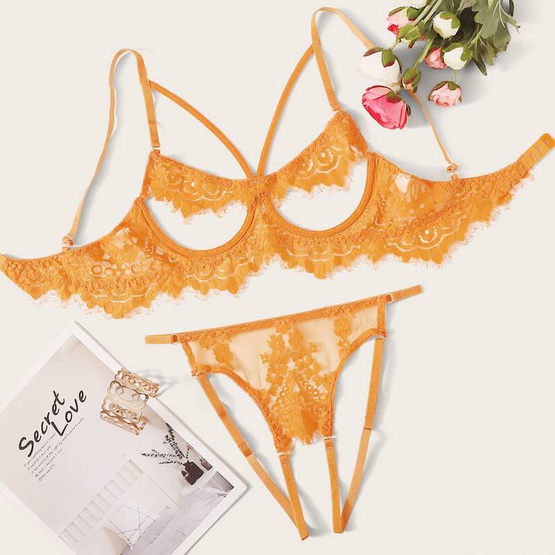 

Eyelash Lace Underwire Lingerie Set, Orange bright