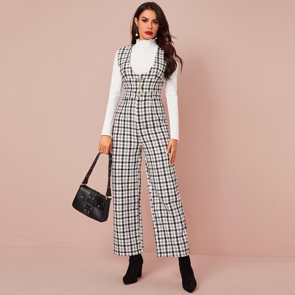 

Plaid Button Detail Tweed Jumpsuit, Black and white
