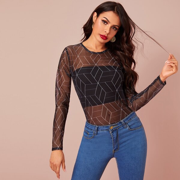 

Geo Print Sheer Fitted Mesh Top, Black