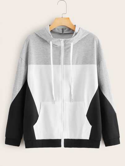 Cut And Sew Kangaroo Pocket Zip Up Hoodie