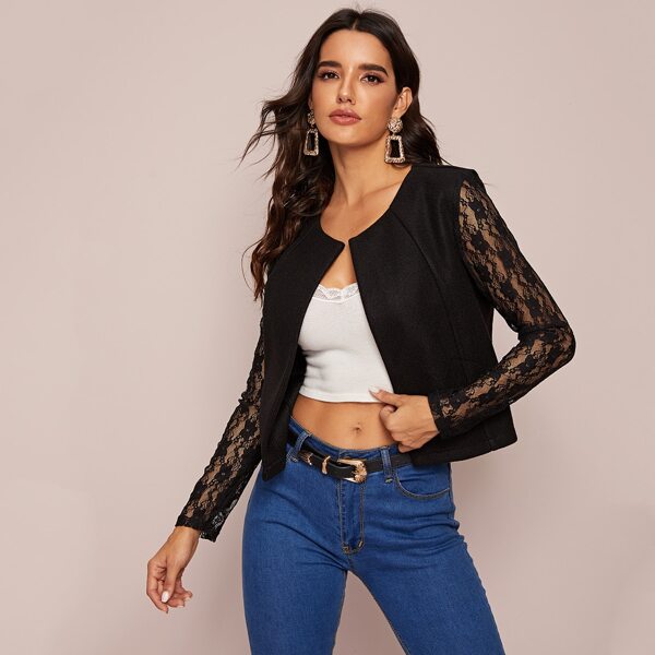

Contrast Lace Sleeve Crop Jacket, Black