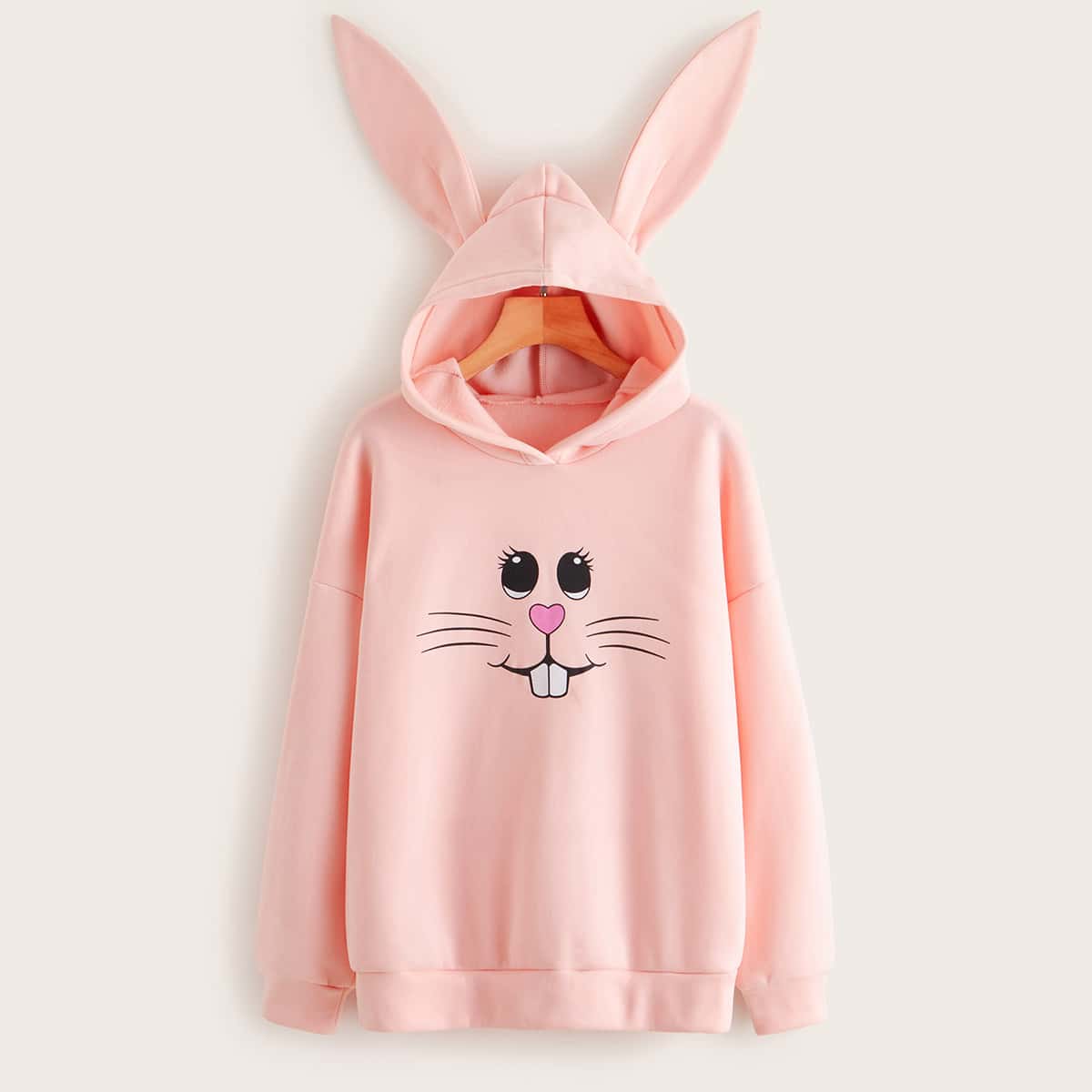 

Cute Bunny Ear Cartoon Graphic Hoodie, Pink