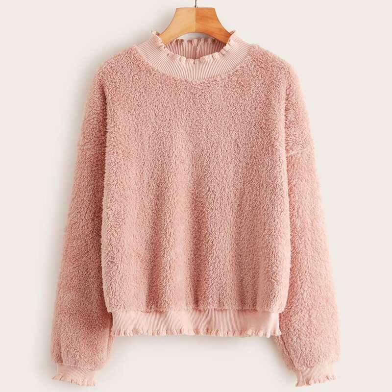 

Solid Frill Trim Teddy Sweatshirt, Pink