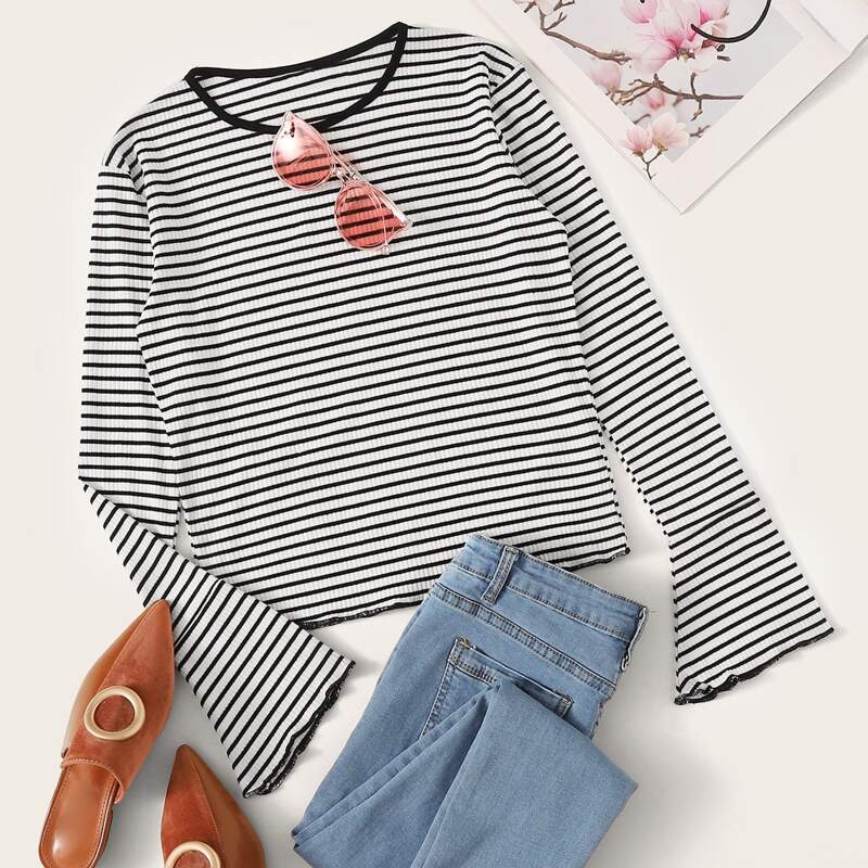 

Striped Flounce Sleeve Ribbed Tee, Black and white