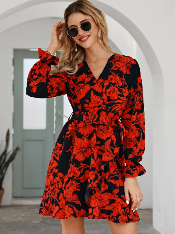 

Floral Print Surplice Front Belted Dress, Multicolor
