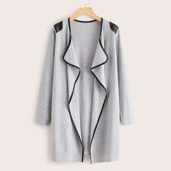 

Piping Trim Open Front Waterfall Coat, Grey