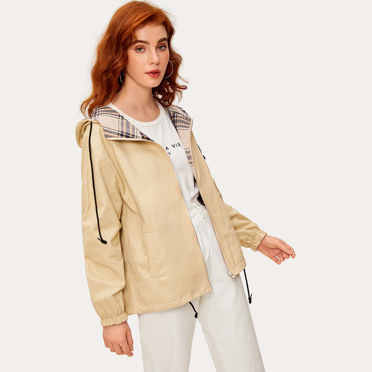 

Double Face Drawstring Hem Hooded Jacket, Beige