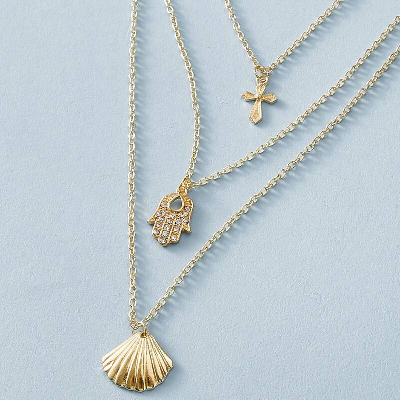 

1pc Shell & Cross Charm Multi Layered Necklace, Gold