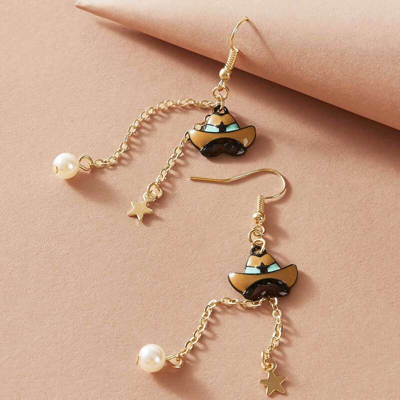 

1pair Star & Faux Pearl Chain Drop Earrings, Multicolor