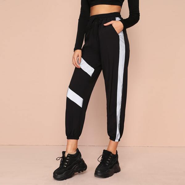 

Contrast Panel Drawstring Waist Sweatpants, Black