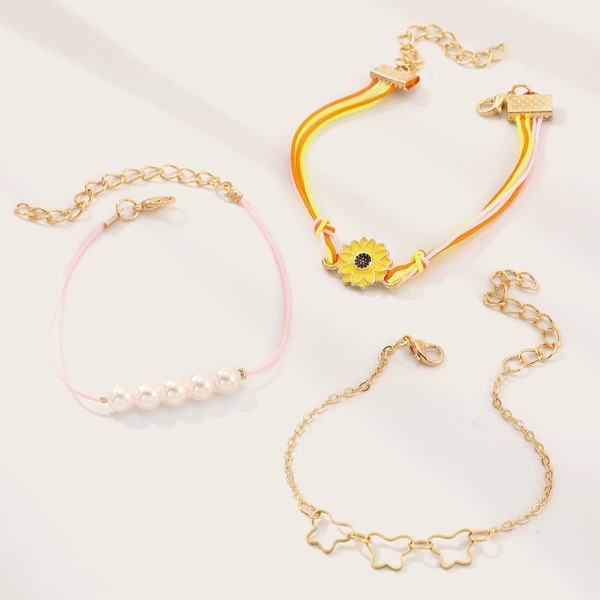 

3pcs Girls Faux Pearl & Flower Decor Necklace, Gold