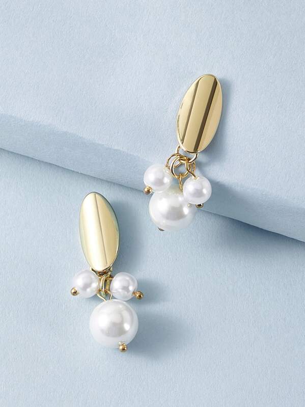 

1pair Faux Pearl & Geometric Dangle Earrings, Gold
