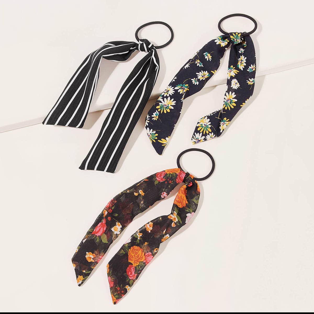 

3pcs Striped & Ditsy Floral Scrunchie Scarf, Multicolor