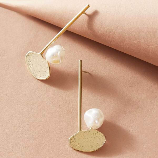 1pair Geometric & Faux Pearl Drop Earrings, Gold