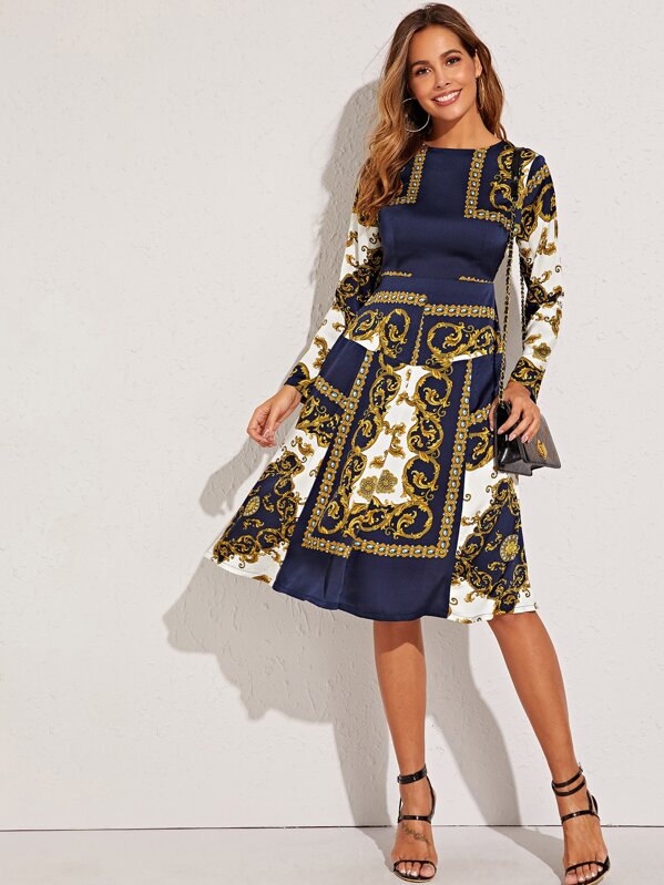 

Baroque Print Zip Back Dress, Multicolor, Giulia
