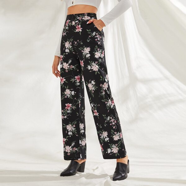 

Zip Back Floral Print Straight Leg Pants, Multicolor