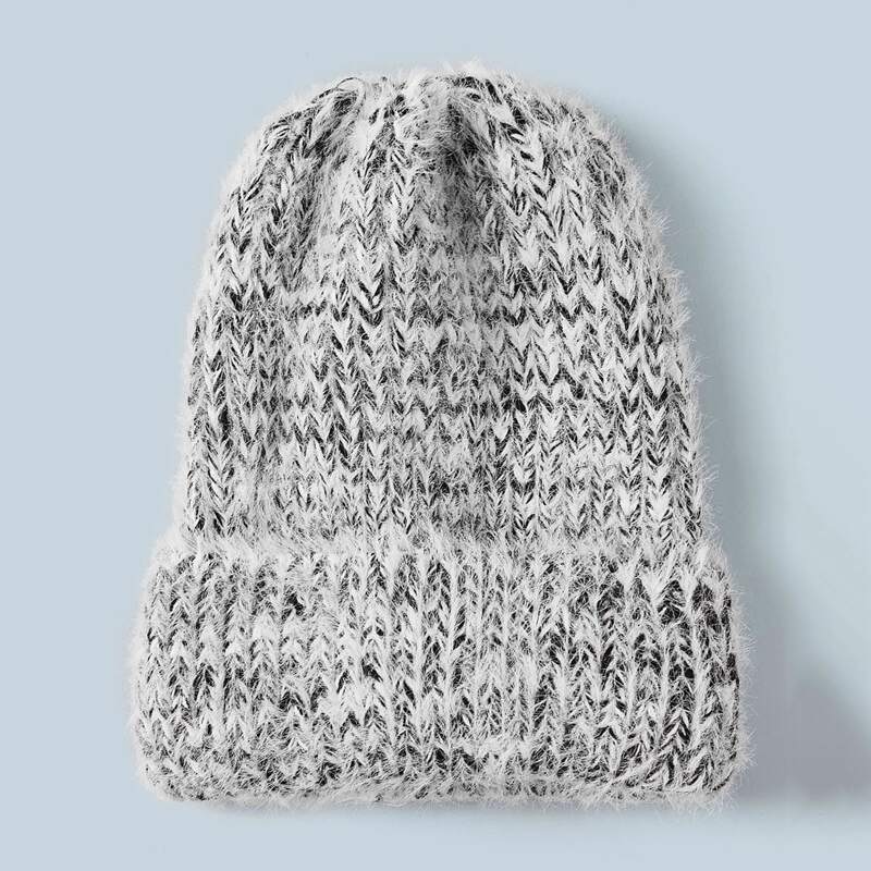 

Knit Cuffed Beanie, Black and white