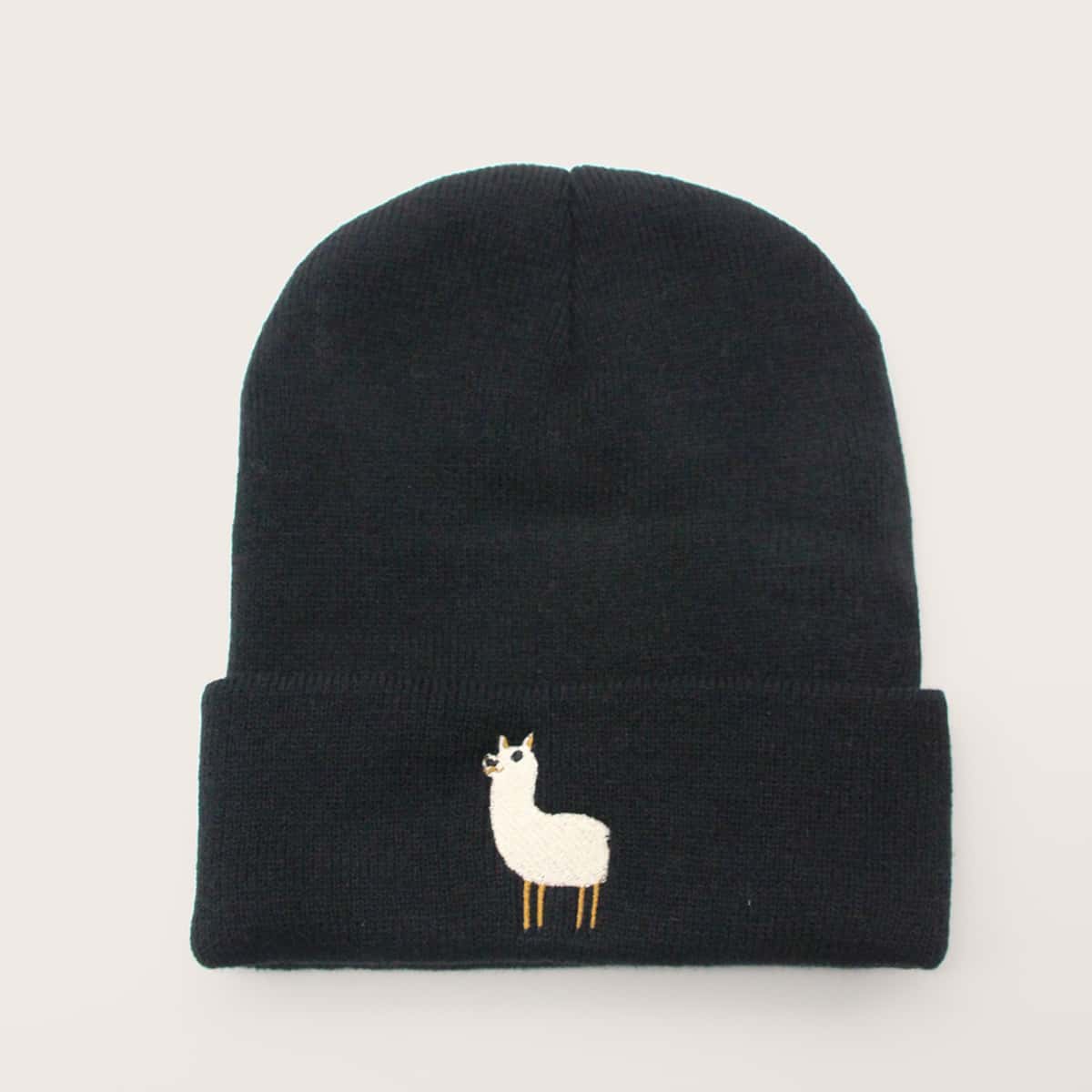

Alpaca Embroidery Knit Beanie, Black
