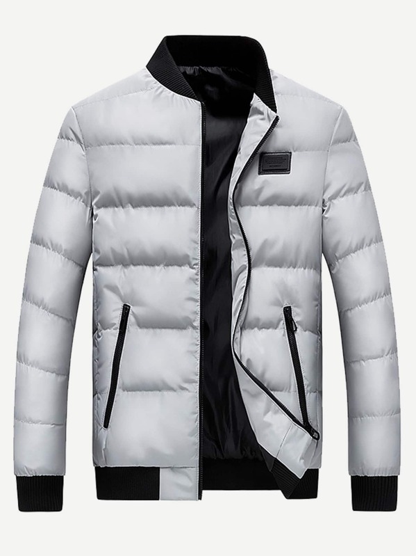 

Men Letter Patched Zip Up Puffer Jacket, Grey
