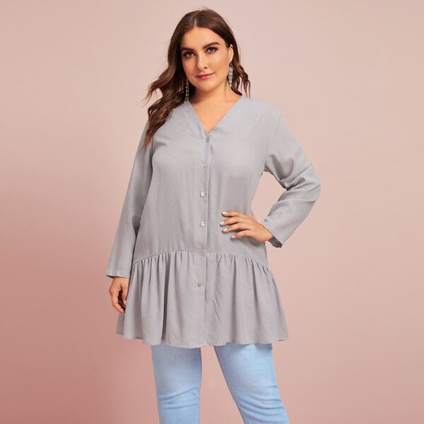 

Блуза размера плюс с пуговицами и оборками, Серые