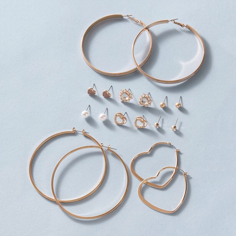 

9pairs Hoop & Faux Pearl Stud Earring Set, Gold