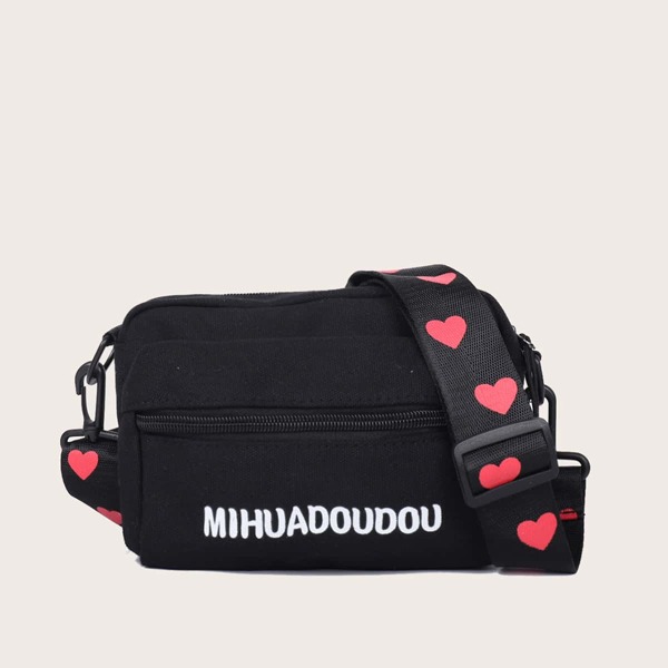 

Girls Letter & Heart Graphic Crossbody Bag, Black