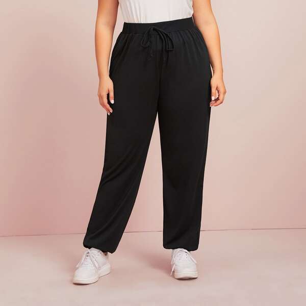 

Plus Solid Drawstring Waist Sweatpants, Black