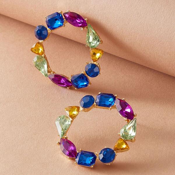 

1pair Colorful Gemstone Engraved Hoop Earrings, Multicolor