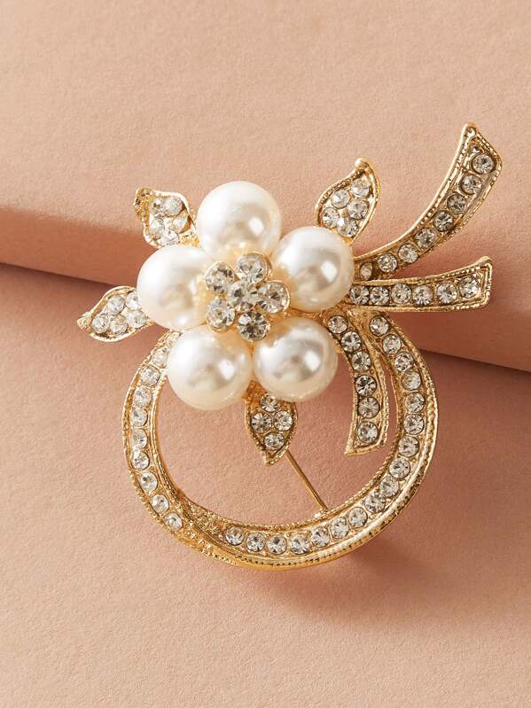 

1pc Faux Pearl & Rhinestone Engraved Brooch, Gold