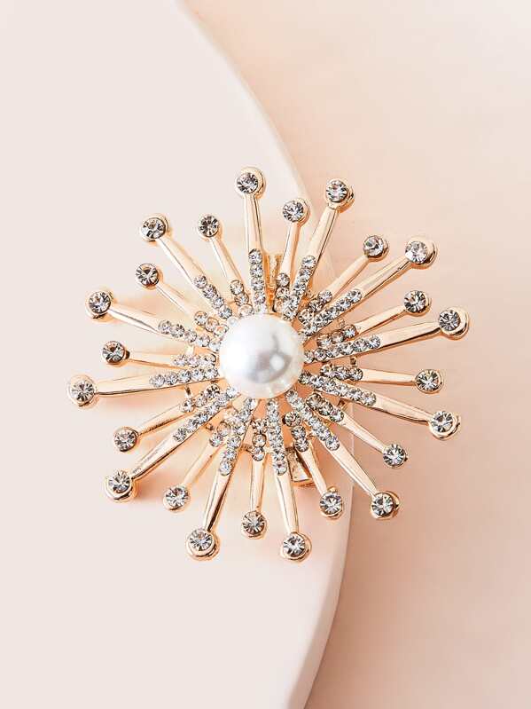 

1pc Faux Pearl Decor Divergent Sunflower Brooch, Gold